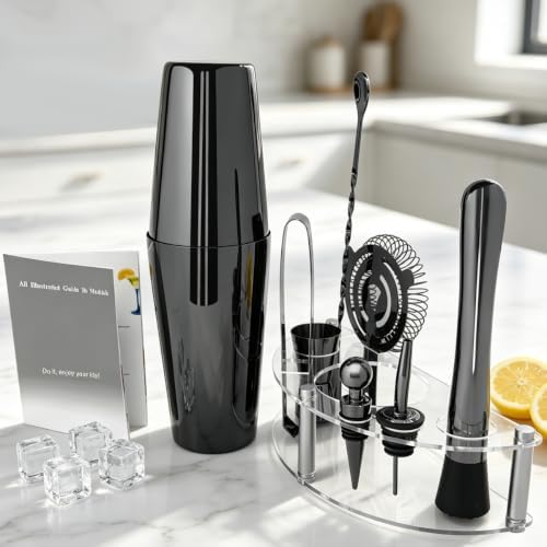 9-Piece Cocktail Shaker with Stand, 25oz Bartender Kit, Cocktail Shaker with Strainer Set, Boston Shaker Set, Bar Set Jigger for Bartending Drink Mixer Set, Cocktail Set Recipes (Black-25/20oz)