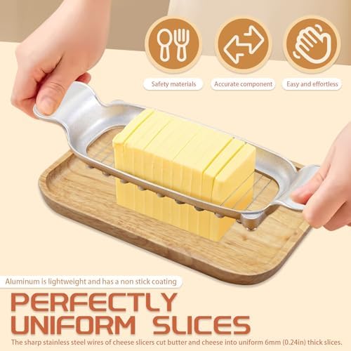2 Pack Butter & Cheese Slicer Cutter, 17 Wires Butter Cutter with Stainless Steel Spreader Knife, Ergonomic Handle Portable Grip for Block Cheese, Soft Fruit, Egg