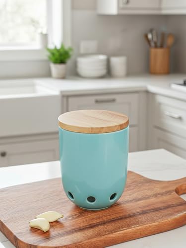 LEETOYI Ceramic Garlic Keeper for Counter, Garlic Holder with Wood Lid (Turquoise)