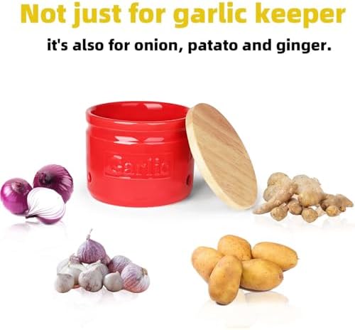 ONTUBE Ceramic Garlic Keeper with Wooden Lid 4-Inch,Garlic Holder (Red)