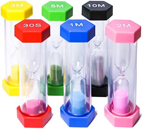 PROLOSO 6 Pcs Colorful Sand Timers Set Platic Sandglass Hourglass Sand Clock Timer 30sec/ 1min/ 2mins/ 3 Minutes/ 5 Minute/ 10mins for Kids Games Classroom Home Office Kitchen