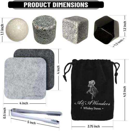 A&A Wonders Premium Whiskey Stones 100% Natural Granite Set of 4 Chilling Rocks Stone Reusable Ice Cubes for Drinks with Velvet Carrying Pouch, Gift for Whiskey Lovers (4 Geometrical Shapes)