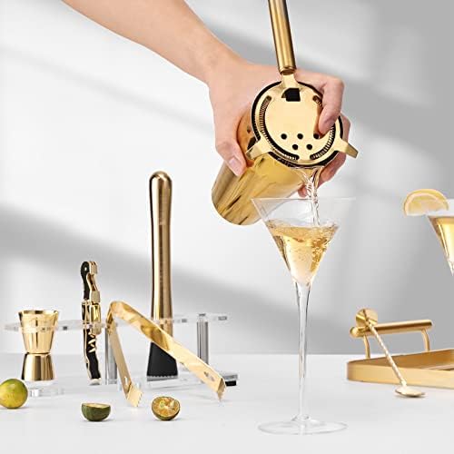Cocktail Shaker Set with Arcylic Stand, Mixology Bartender Kit for Drink Mixing | Mixology Set with 7 Bar Set Tools Cocktail Kit (Gold)