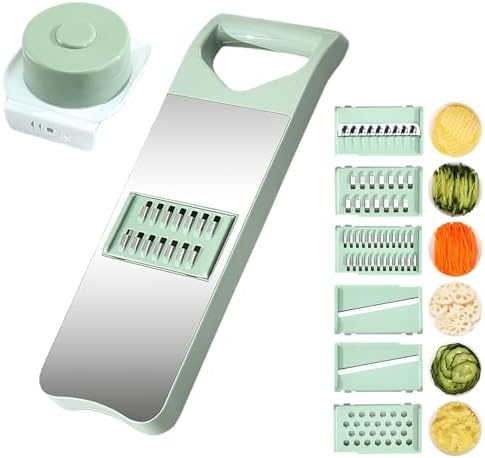 Vegetable Chopper, Mandoline Food Slicer Cutter with Handheld Container, 6 Blades and Blade Box, Cucumber Slicer, Magnetic Kitchen Tools for Veggie Potato Onion Carrot (Green(No magnet), 7 in 1)