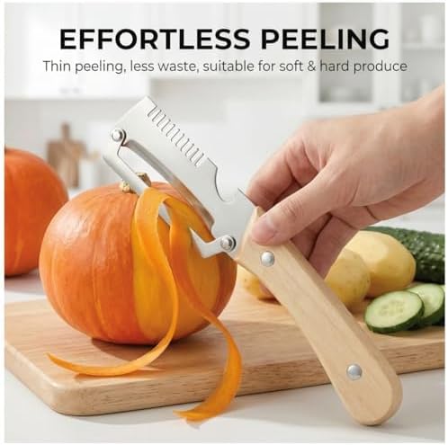 Multifunctional Vegetable Peeler Set, 2 Pack Ultra Sharp Stainless Steel Vegetable Peelers for Kitchen, Heavy Duty Wooden Handle Potato, Fruit & Vegetable Peeler with Julienne Blade, Bottle Opener