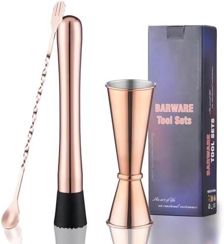 Rosegold Muddler for Cocktails, Matching Jigger and Bar Spoon with Bar Muddler - 3 Pcs Cocktail Muddler Set
