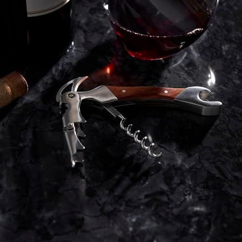 Viski Admiral Double Hinged Corkscrew Wine Opener with 2 Built-in Bottle Openers and Easy Grip Foil Cutter, Stainless Steel with Rosewood Handle, Home Bar, Travel, Gifts for Wine Lovers, Set of 1