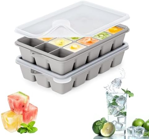Silicone Ice Cube Trays, Easy Release Ice Cube Molds with Removable Lid, Freezer Stackable Ice Trays for Whiskey, Cocktail, Drinks and Food, Freezer, BPA Free