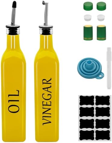 Olive Oil Dispenser Bottle,2 Pcs 17oz 500ml Glass O il and Vinegar Dispenser Set with 2 Stainless Steel Pourers, 8 Labels,Funnel Vinegar Bottles for Kitchen (Yellow)