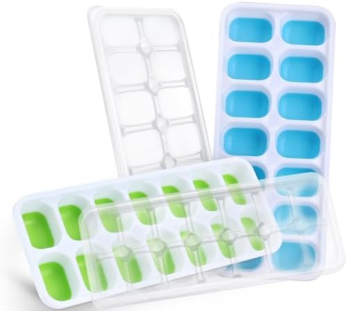 Ice Cube Trays for Freezer, Furnsii 4 Pack Stackable Ice Cube Tray With Lid, Easy-Release Flexible 56-Cube Silicone Ice Trays for Cocktail, Coffee (Green + Blue)