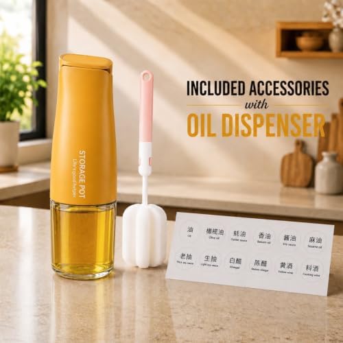 DIYORA 17oz Oil Dispenser Bottle with Automatic Flip Lid, Leakproof Glass Olive Oil Bottle with Spout, Perfect for Kitchen, Drip-Free Pourer for Vinegar, Soy Sauce(Yellow)