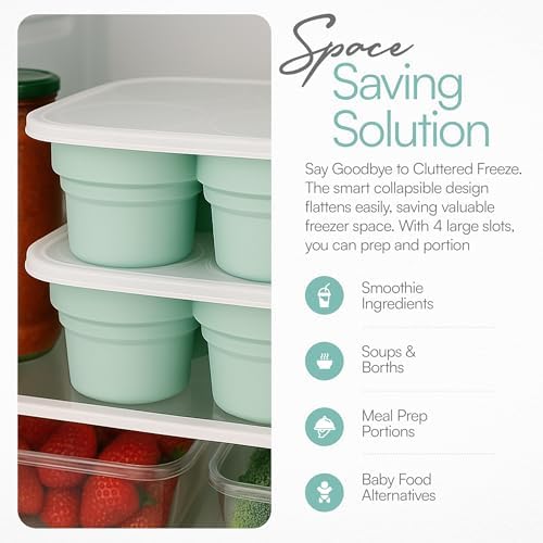 Silicone Freezer Tray with Lid - Stackable 2 oz Large Ice Cube Molds for Homemade Purees, Egg Bites, Broth Food Storage - Dishwasher Safe - 3 Pack