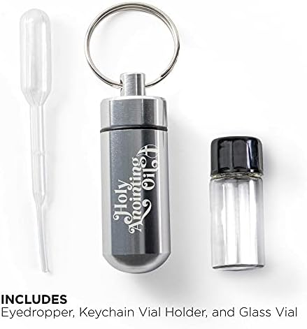 Unscented Anointing Oil from Israel Boxed Gift Set with Dispenser, Holy Jerusalem Oil & Silver Metal Keychain Bottle Container, Plastic Dropper & Small Glass Vial, Aceite Ungido y Botella