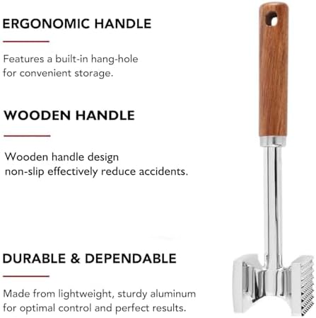 Dual-Sided Meat Tenderizer Kitchen Mallet Aid to Pounding Steak, Nuts, Shellfish, Heavy Duty Chicken Hammer With Wooden Handle