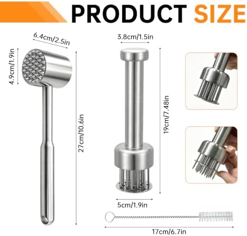 2Pcs Meat Tenderizer Tool Set - Stainless Steel Needle Tenderizer & Dual Sided Meat Hammer, Meat Pounder Flattener Chicken, Meat Beater for Steak & Beef, Chicken Pounder Kitchen Mallet for Cooking