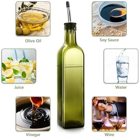 Leaflai Olive Oil Dispenser Bottle, 1 Pcs Green Glass Olive Oil Dispenser and Vinegar Dispenser Set with 2 Stainless Steel Pourers, 2 Labels,1 Brush and 1 Funnel Oil Bottles for Kitchen (500ml)