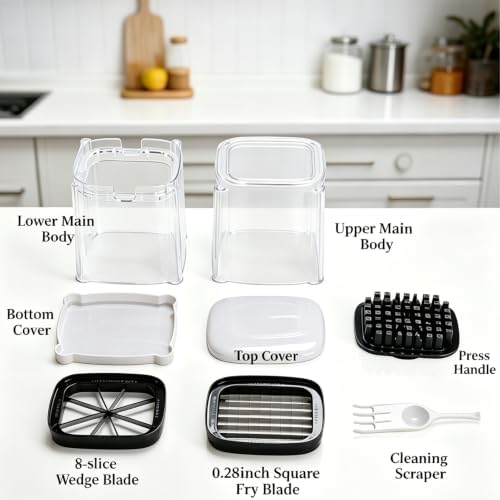 Multifunctional Vegetable Chopper Bowl, Potato French Fry Cutter with 2 Interchangeable Blades & Container, Food Chopper for Cucumber, Tomato, Carrot & Onion