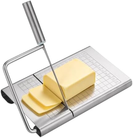 Cheese Slicer, Multipurpose Stainless Steel Cheese Cutter, Professional Upgrade with Sharp Blade & Engraved Measuring Scale Board for Block Cheese, Butter, Ham, Sausages Baking Gadget