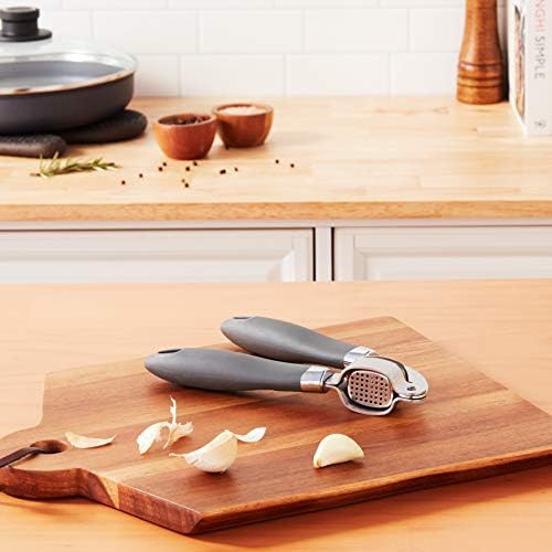 Tovolo Garlic Press Stainless Steel Mincer and Crusher Squeeze Silicone Comfort Grip, Dishwasher Safe, Removable Chamber for Easy Clean, One Charcoal