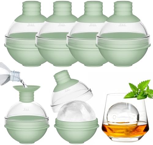 Large Ice Ball Maker Mold Silicone for Whiskey - Set of 4 with 2-in-1 Funnel Lid - 2.4 Inch Big Sphere Ice Mold for Cocktails Bourbon - Easy Release - Perfectly Round Ice Mold (Green)