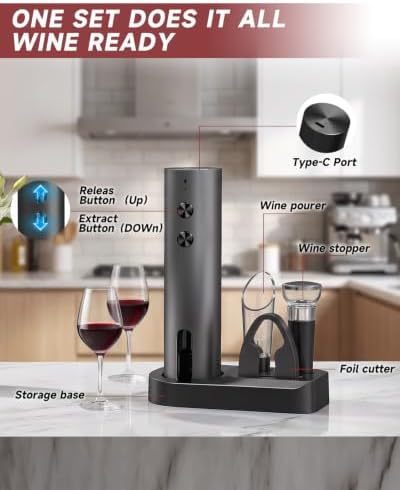 5in1 Electric Wine Opener Set Rechargeable with Base Includes Wine Aerator
