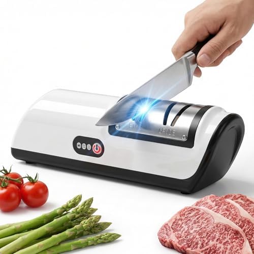 4-in-1 Knife Sharpener for Kitchen Knives & Scissors, Manual Pull-Through Sharpener with Tungsten Steel & Ceramic Slots, 3-Stage Sharpening Tool with Non-Slip Base