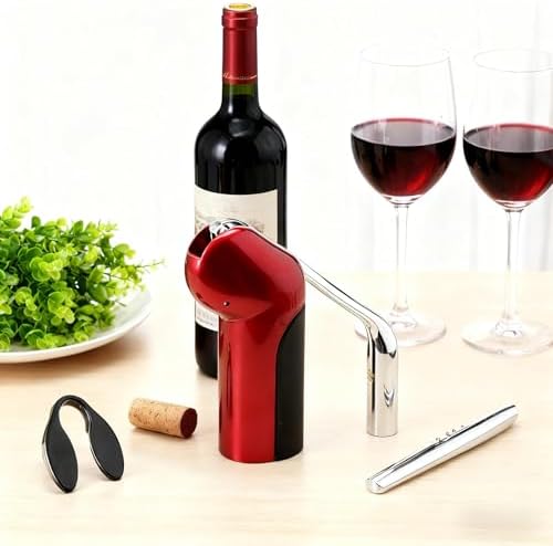 Vertical Corkscrew Wine Opener, One-Pull Manual Lever Bottle Opener with Foil Cutter, Red Easy Cork Remover for Home Bar, Parties, Gifts
