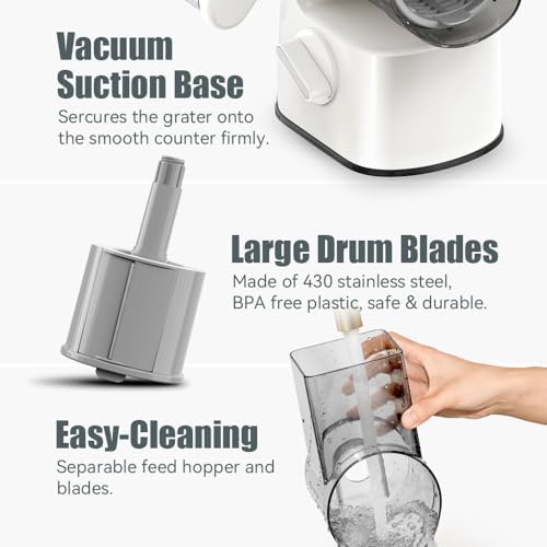 Safe Vegetable Mandoline Slicer Large Multifunctional Rotary Cheese Grater Hand Crank Easy Rotating Veggie Shredder Anti-Cutting, 3 Interchangeable Blades (WhiteGrey)