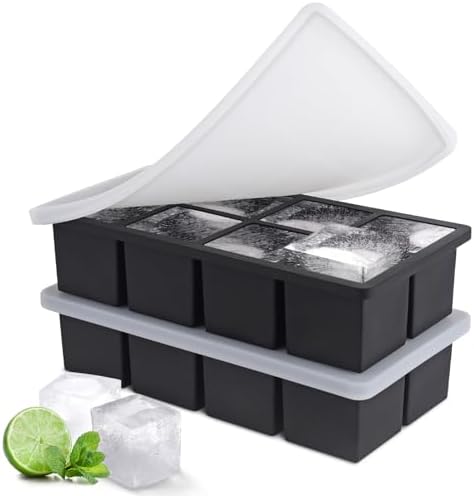 Ice Cube Tray, SLGOL Ice Trays for Freezer with Lid, Easy Release large Ice Cube Molds, Silicone ice cubes mold for Whiskey, Stackable Square Ice Tray for Cocktails Whiskey Juice Coffee【8 square】