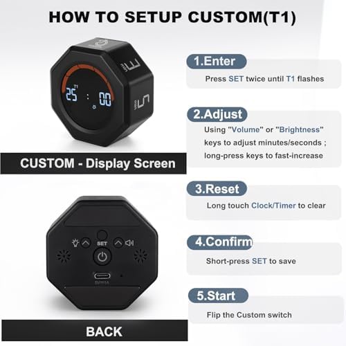 Small Productivity Timer, Pomodoro Timer with 5 Presets (Black)