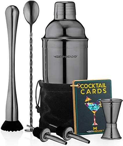 Modern Mixology 8-Piece Cocktail Shaker Set with Velvet Bag | Complete Cocktail Kit Gift Set | Top Bartender Gifts for Men & Women | Travel Bar Tools (Black)
