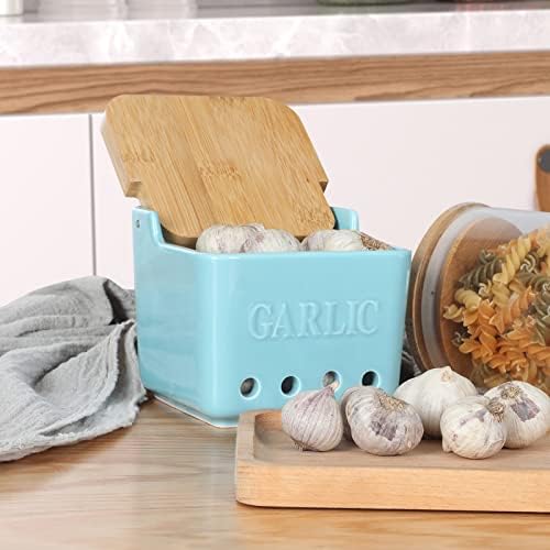 ONTUBE Garlic Keeper with Lid, Ceramic Garlic Holder Storage 4.7-Inch (Turquoise)