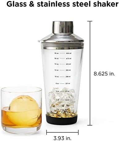 Rabbit 18 oz Glass Cocktail Shaker with Printed Measurements, Multi-Use Stainless Steel Topper with 1.5 oz Jigger Cap and Strainer, 3.94 x 3.54 x 9.06 IN