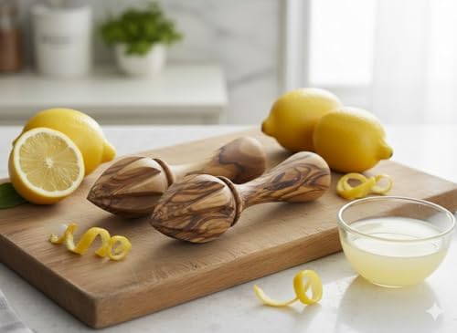 Zuluf Olive Wood Citrus Reamer Set of 2, Handcrafted Wooden Lemon Juicer and Lime Squeezer with Ergonomic Handle, Deep Grooves Manual Juice Extractor for Oranges, Natural Kitchen Tool