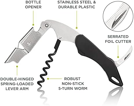 True Sommelier Waiters Corkscrew Wine Opener, Stainless Steel with Built-in Bottle Opener and Sharp Foil Cutter for Bartenders, Home Bar, Kitchen, Travel, Gifts for Wine Lovers, Set of 1, Black