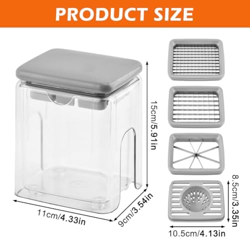 4-in-1 French Fry Cutter, Manual Veggie Chopper Potato Cutter Fruit Slicer with 3 Blades & 1 Juicing Mold, Multi-Function Fry Cutter Dicer Food Dicer for Fries Potato Onion(COLOR:Grey)