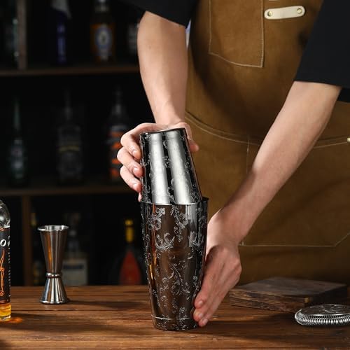 Stainless Steel Boston Shaker with Etched Pattern Weighted Shaking Tin Set (Leaf Black)
