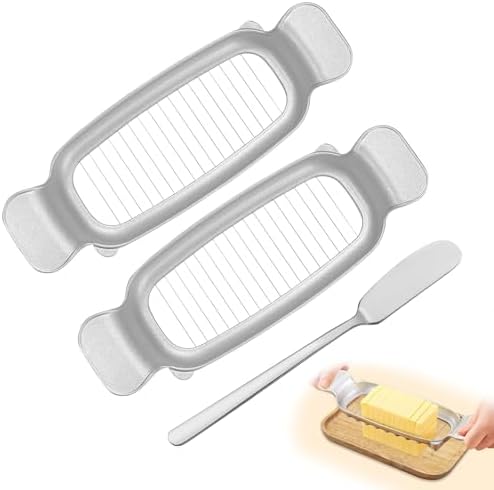 2 Pack Butter & Cheese Slicer Cutter, 17 Wires Butter Cutter with Stainless Steel Spreader Knife, Ergonomic Handle Portable Grip for Block Cheese, Soft Fruit, Egg
