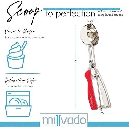 Millvado Stainless Steel Ice Cream and Cookie Scoop | Large Sized, With Red Rubber Grips, Spring Loaded Lever Design, For Sorbet, Melon, Meatballs, Muffins, and More, 3 Ounce Scooper