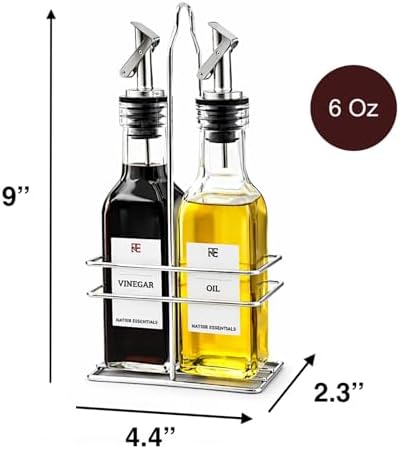 6 Oz Oil and Vinegar Bottle Cruet Set with Wire Caddy – 2 Pack Glass Dispenser Bottles (Stainless Steel Spout)