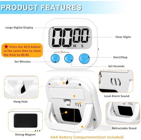 ZILLEEN Digital Kitchen Timers for Cooking Kids White 12 Pack