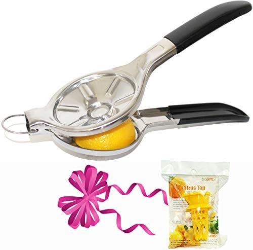 [Free Citrus Tap Gift] EcoJeannie Jumbo Size FLAT PRESS 100% Stainless Steel Lemon Squeezer for Pressing Lemon-half FLAT, Silicone Handle (LS0003S)