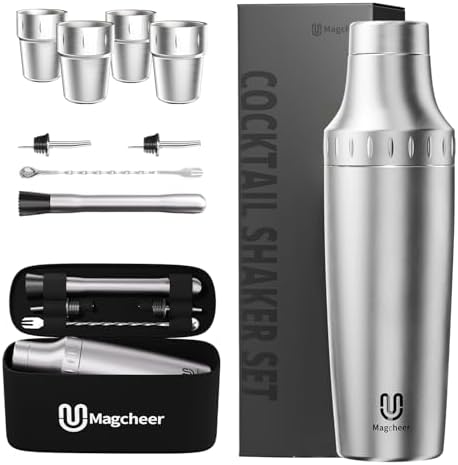 Hybrid Cocktail Shaker Set with Stackable Cups | Vacuum Insulated Stainless Steel Martini Shaker & Bartender Tools | Travel-Ready Kit | 30oz | Silver