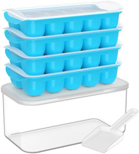 DOQAUS Ice Cube Tray with Lid and Bin, 4 Pack Ice Bucket Kits for RV