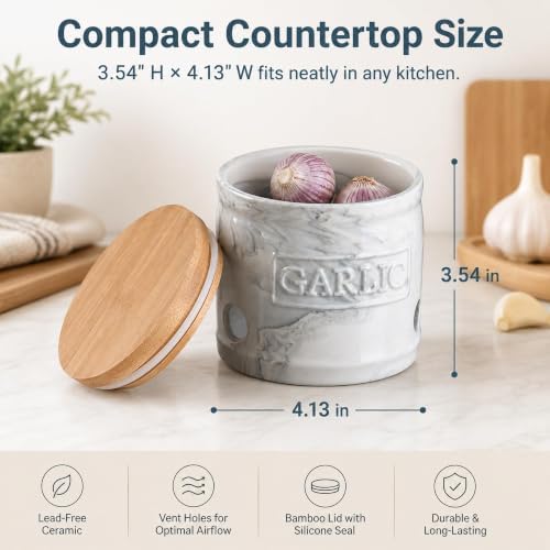 ONEMORE Garlic Keeper for Counter Ceramic Garlic Holder Countertop Storage Container with Lid - Marble Style Garlic Saver for Kitchen