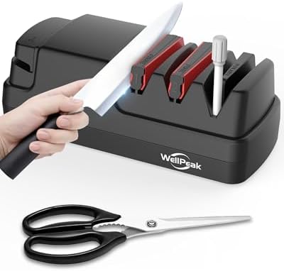 4-Stage Professional Electric Knife & Scissor Sharpener for Home Commercial Chef, Diamond Abrasive for Straight Edge Chef Knives, Detachable Ceramic Hone Rod for Serrated Knives Polishing