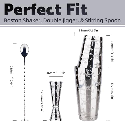 Boston Cocktail Shaker Etched Set, Jigger Spoon 17/24oz Skull