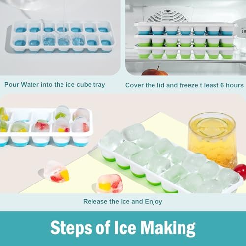 Ice Cube Trays for Freezer Ice tray - Easy to Release Silicone Ice Trays with Spill-Resistant Lids, Reusable Ice Cubes,Stackable and BPA-Free, Perfect for Cocktails, Baby Food, and Iced Coffee
