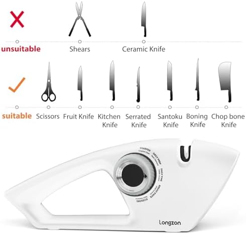 Longzon 6-in-1 Knife Sharpener 5 Stage with Cut-Resistant Glove,White+Gray
