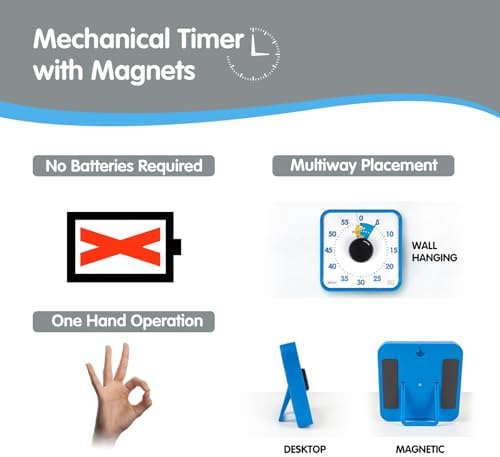 Visual Timer 7.5 inch, 60-Minute Countdown Timer for Kids Classroom Teaching Tool Office Meeting, Mechanical Countdown Clock for Exam Time Management Magnetic Kitchen Timer with Fish Pattern, Blue